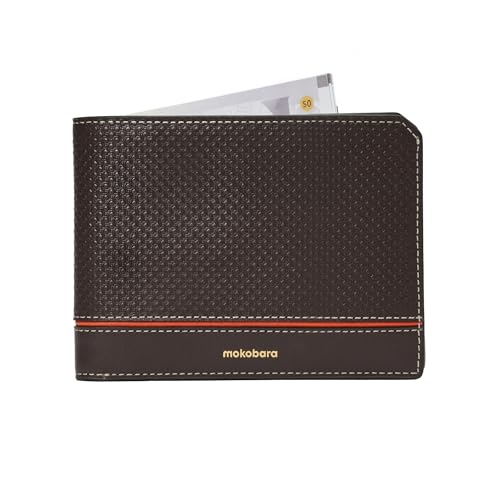 Image of MOKOBARA Stash Bifold Wallet for Men | Geometric Textured | Genuine Leather | RFID Protected | Holds Up to 12 Cards | Double Currency Compartment | Ka-Ching (Brown)