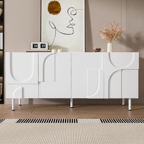 vutizal Kredens biały 160 cm, nowoczesny kredens z geometrycznym frontem i asymetrycznym wzornictwem, duża szafka do przechowywania do salonu