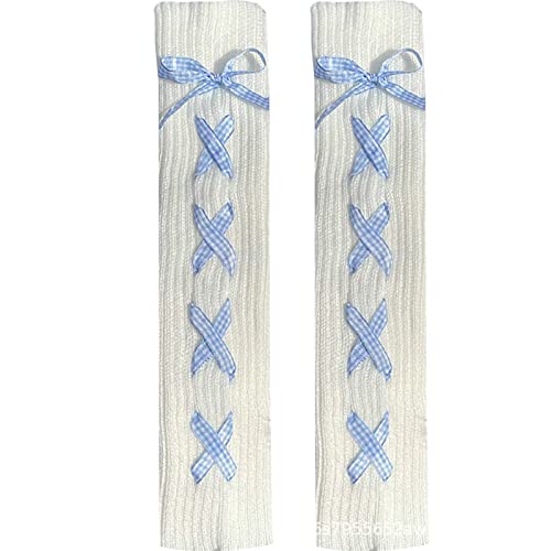 Seyurigaoka Women Girls Kawaii Leg Warmers Cover Junior Student Japanese Lolita Loose Boot Socks Goth Footless Socks (Lace Up-White Blue, One Size) #TOP4