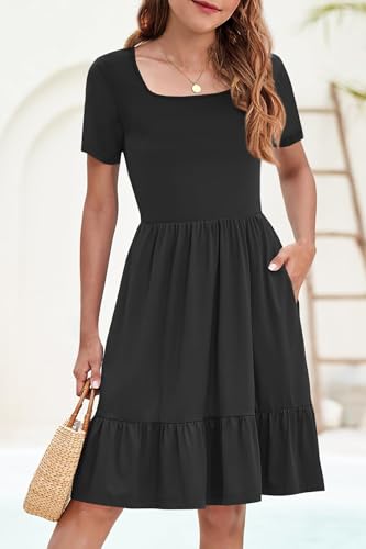 YOVION Girls Summer Short Sleeve Dress Solid Color Casual Flowy A-Line Boho Beach Dresses with Pockets for 8-9 Y Black — view 3