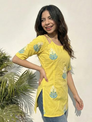 Image of ANNI Designer Women's Viscose Blend Printed Short Kurti | Straight Fit Ethnic Top with Square Neck | Bell Sleeve Indian Kurta for Office College, Party