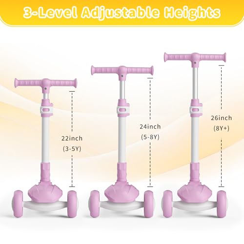 Image of SIMATE 3 Wheel Kick Scooter for Kids Ages 3-12, Light Up Wheels & 3 Adjustable Height Handlebars, Lean-to-Steer & Widen Anti-Slip Deck, Boys & Girls Gift