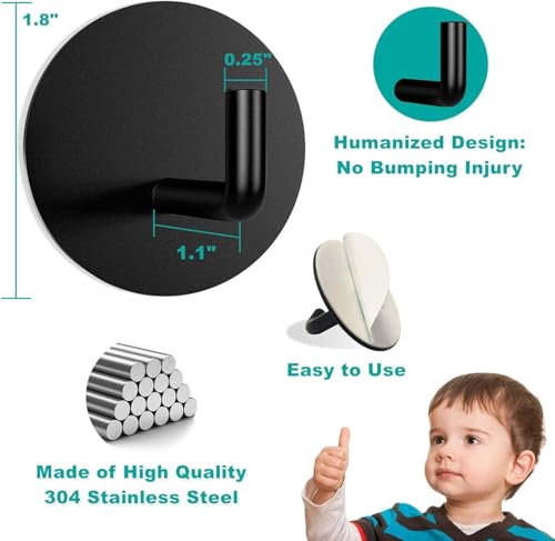 Image of JD FRESH 4 Pcs Self-Adhesive Stainless-Steel Wall Hooks for Hanging /Heavy Duty Waterproof Wall Hangers /Without Drill Sticky Hooks for Kitchen, Bathroom, Door and Office (J-Hook, Black-Round)
