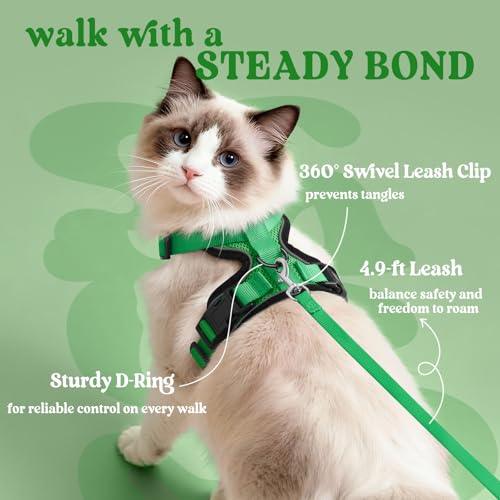 Image of rabbitgoo Cat Harness and Leash Set, Escape Proof Vest, Grass Green | Soft Breathable Mesh, Easy Adjustable Fit, Snap Buckles, Sturdy Clip, Reflective Strips, for Small & Average Cats Walks, Xs