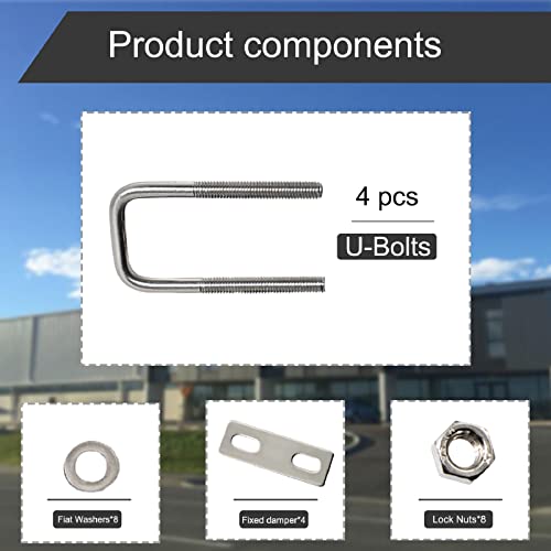 Image of U Bolt, 4 Sets 1.2 (30mm) Inner Width 304 Stainless Steel M6 Square U-Bolt with Plate Screw Nut Fastener, Suitable for Silver M6 x W-1.2inch x L-2.7inch
