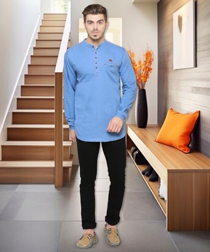 Image of Kuons Avenue Men's Denim Casual Short Kurta | Mandarin Collar | Full Sleeves | Tailored Fit- Stylish Ethnic Wear