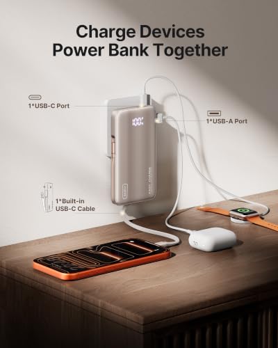 Image of INIU Portable Charger, Ultra Slim 45W Fast Charging Power Bank with Built-in AC Wall Plug, 10000mAh GaN 3-in-1 Battery Pack for Flight-Safe Travel, for iPhone 17 16, Samsung S26, iPad etc, Champagne