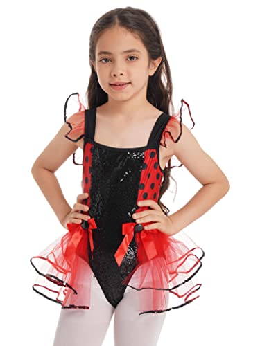 Runhomal Costume Ladybug Enfant Filles Paillettes Pois Déguisement de Coccinelle Tutu Robe Danse Ballet Latine Halloween Carnaval Cosplay Spectacle 3-16 Ans Rouge 7-8 Ans Cover