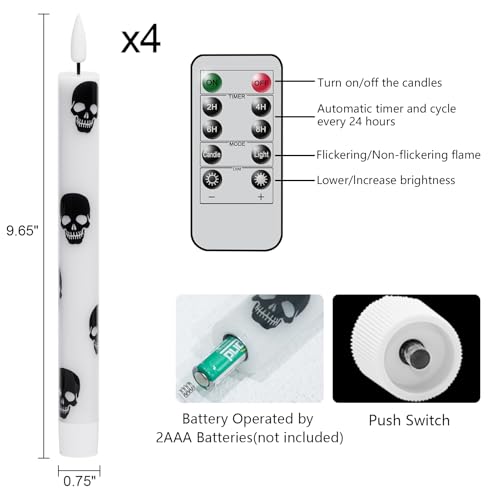 Image of GenSwin Halloween Flameless Taper Candles Remote Timer, 4 Pack Real Wax LED Taper Candles Battery Operated Flickering with Skull Prints, Flameless Candlesticks for Halloween Decor(0.75 inchx 9.65 inch)