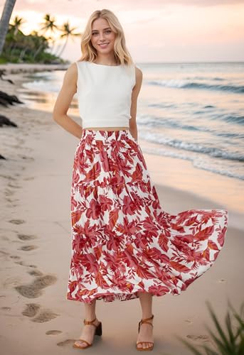 CHICWISH Women Tropical Floral Print Maxi Skirt Elastic Waist Summer Pleated Flowy Casual Vacation Hawaiian Long Skirt2