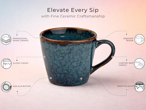 Image of Bodhi House Handcrafted Ceramic Tea Cup Set of 4 Pieces (175 Ml), Stoneware Coffee Mug, Microwave Safe Small Tea Cup, Glossy Finish, Ideal for Daily use, Casual Gatherings and Gifting, Greenish Blue