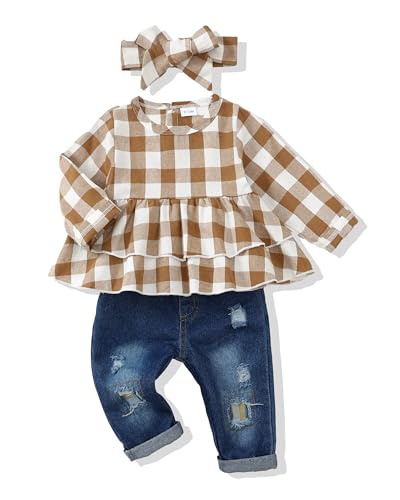 Girls Clothes Size 6 Kids Clothes Girls Fall Winter School Outfits for Girls Brown Plaid 6-7 Year Old Girl Clothes Size 7 Girls Clothes Little Girls Outfits Denim Jeans
