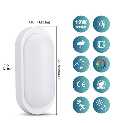 LED Kellerlampe mit Bewegungsmelder Innen, IP65 Kellerleuchte LED Wandlampe, 12W 1200LM Deckenleuchte mit Bewegungsmelder, 4000K Feuchtraumleuchte Oval für Keller Treppe Garage Flur