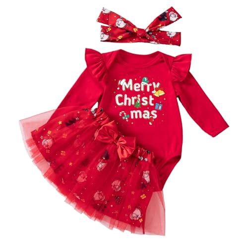 Peybaiwy Baby flicka jul sparkdräkt tutu kjolar set med pannband 3 st småbarn långärmad topp spets klänning kläder, Röd, 12-18 Months