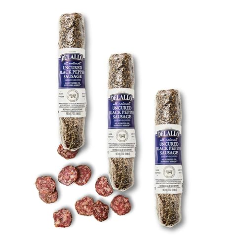 DeLallo Black Pepper Dry Sausage, Handrubbed with Spices, Savory Robust Flavor, Air Cured Gourmet Meat for Charcuterie Boards, No Added Nitrates or Nitrites, 7 oz Stick, (3 Pack)