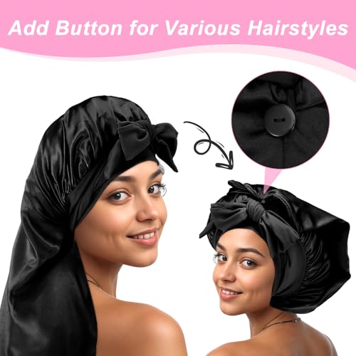 Long Satin Bonnet for Braid Sleep Cap Silk Hair with Tie and Button, Foldable Sleep Bonnets for Women Long Hair black, 41-57 - Image 3