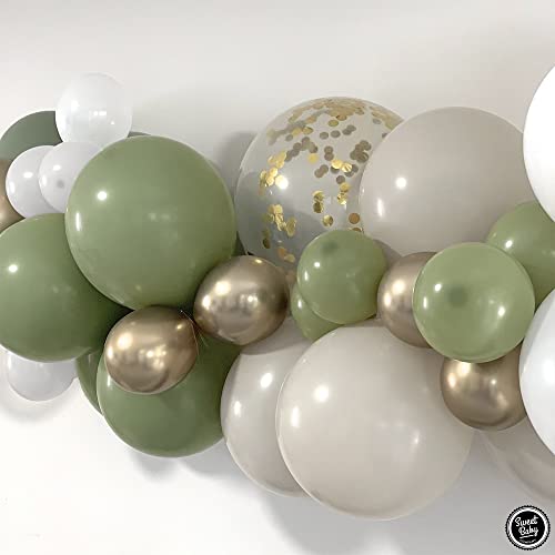 Sweet Baby Co. Sage Green Balloon Garland Kit For Neutral Arch With Matte Sage Olive, Taupe, White, Gold Metallic, Confetti Balloons For Baby Shower, Eucalyptus Party Decorations, Birthday Ballon Wall #TOP2