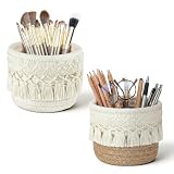 BOTEWO 2 Stück Makramee-Make-Up-Pinselhalter: Boho Pinsel Aufbewahrung Geflochtene Aufbewahrungskörbe aus Baumwollseil für Schminktisch Badezimmer Organizer für Make-Up Pinsel Büro Stifte Frauen