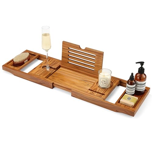 TEAKAURA Teak Bathtub Tray, Bathtub Caddy, Expandable Bath Tub Tray Wood, Bath Table Tray&Bathtub Shelf, Luxury Bathtub & Bathroom Accessories and Organizer, House Warming&Wedding Gifts(Large)