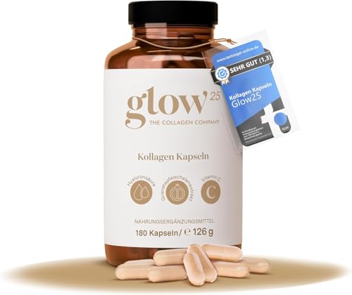 Glow25® Kollagen Kapseln hochdosiert [180 Kapseln] mit Hyaluronsäure und Vitamin C | Premium Collagen Complex | Laborgeprüft