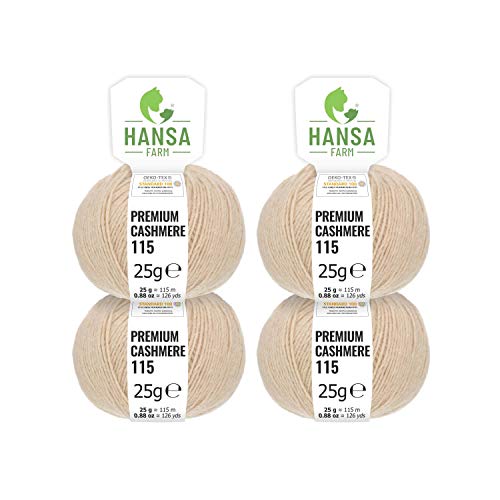 HANSA-FARM 100% Lana de Cachemir Premium en 12 Colores (Suave, no Pica) - Set de 100g (4X 25g) Fingering - Lana Fina de Cachemira para Punto y Ganchillo Beis
