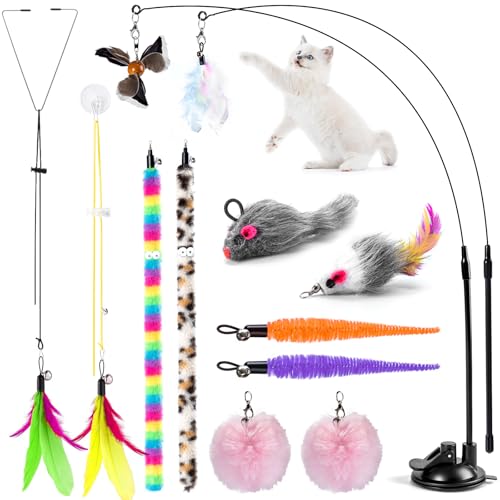 SeaMorn Juguetes Interactivos de Interior para Gatos, 12 Juguetes de Plumas Intercambiables, Caña de Pescar para Gatos con Ventosas,2 Accesorios para Colgar,para Jugar Solo en Interior