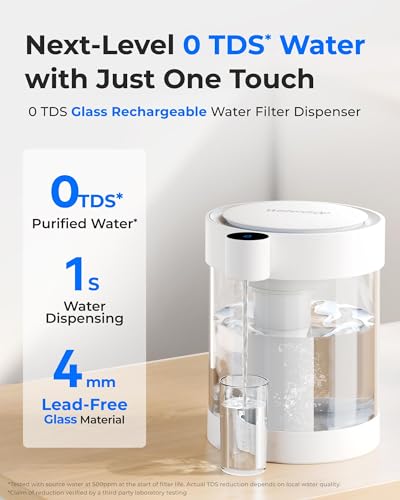Waterdrop 0 TDS Glass Electric Countertop Water Filter Dispenser, Large 22-Cup, 4-Stage Instant Water Filtration System Rechargeable, Reduce Chlorine, Lead, Copper, with 1 Filter