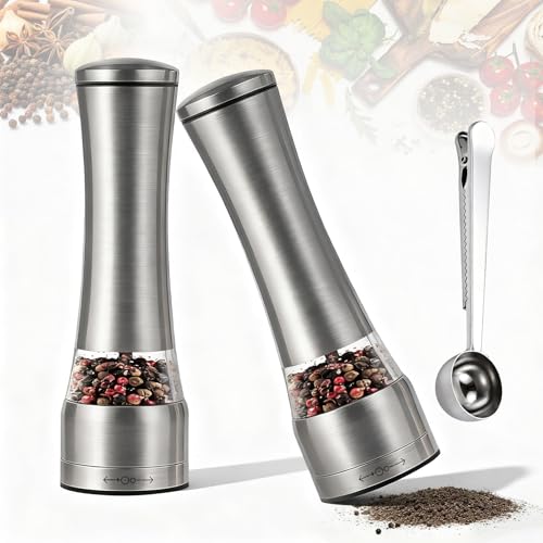 Piggyma Manual Salt and Pepper Grinders - Stainless Steel Refillable Spice Mill Set with Adjustable Coarseness Settings - Essential Kitchen Tools for Salt, Pepper & Herbs
