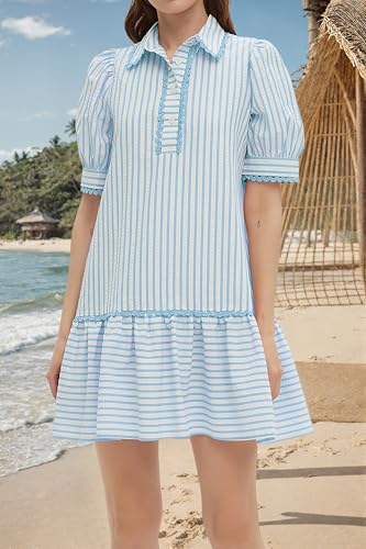 Image of EZAPINE Women Striped Shirt Dress Summer Button Down Collared Short Puff Sleeve Ruffle Hem Casual Flowy Mini Dress