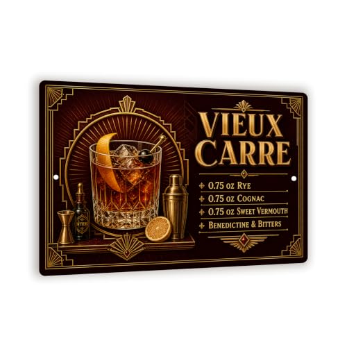 Vieux Carre Recipe Metal Sign - Art Deco Bar Wall Decor - 8x12 Cocktail Art