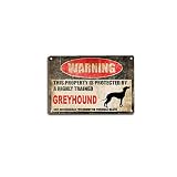 ELIPOS Tin Sign Beware Dog Tag Fence Greyhound Sign This Property is Protected Funny Metal Tin Sign