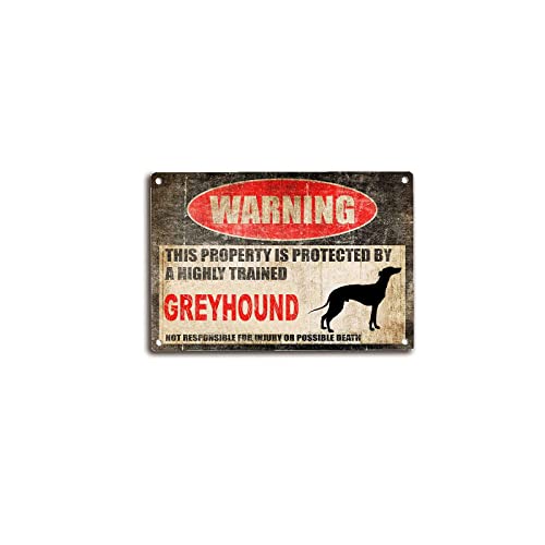 Elipos Tin Sign Beware Dog Tag Fence Greyhound Sign This Property Is Protected Funny Metal Tin Sign Wall Art Deco Vintage Metal Tin Sign 8X12Inch #TOP16