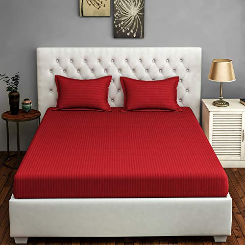 Image of Swayam 100% Cotton Double Bedsheet with 2 Pillow Covers | 300 TC Soft Breathable Bed Sheet | Striped Printed | Size 90 x 108 inch | Comfortable & Durable for Bedroom - Wine