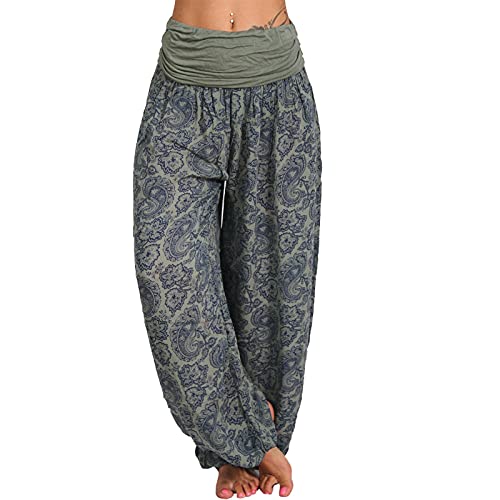 Harem Pants Women High Smock Waist Comfy Yoga Pants Vintage Paisley Print Bohemian Flowy Pilates Trousers Hippie Clothes Casual Trousers Gym Joggers with Pockets(A-Army Green,3X-Large)