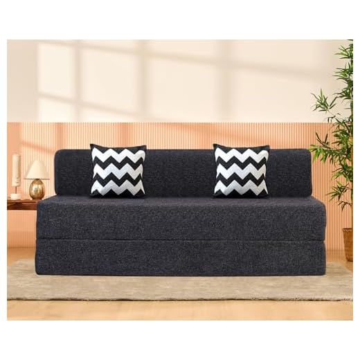 uberlyfe 3 Seater Sofa Cum Bed | Jute Fabric Washable Cover | 2 Cushions Zigzag Pattern | Dark Grey | 5' X 6' Feet