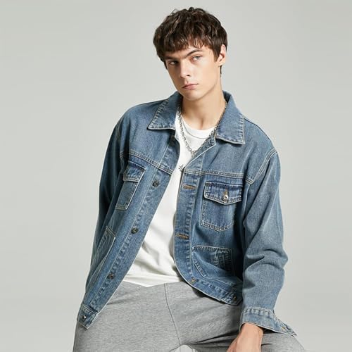 Image of Denim Jacket Men Vintage Autumn and Winter Tops Mens Denim Trucker Jacket