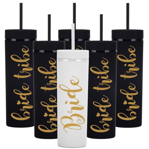 Essasea Bride & Bride Tribe 16oz Skinny Tumblers.Bachelorette Party Cups.Engagement Wedding Gifts.Bridesmaid Proposal Gifts.Bridal Shower Gifts.Bride Bridesmaids Bridal Party Tumblers Cups.