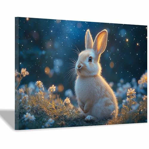 Décoration murale lapin nuit étoilée pour chambre enfant cadre beige 30x45