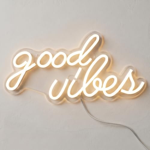 DECANIT Good Vibes Neon Sign Warm White Boho LED Light for Wall Decor Living Room Wedding Engagement Party USB Powered 3D Art Holiday Gift 16.1x8.3 Inch