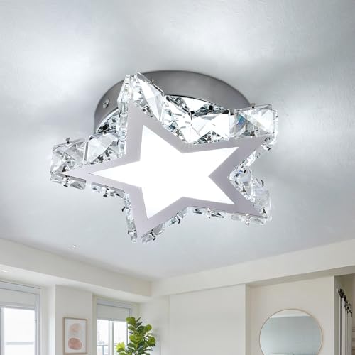 Warmiehomy Modern Crystal Ceiling Light,18cm Living Room LED Ceiling Lighting,6000K Cool White Light,20W Industrial Chandeliers Ceiling Light for Kitchen Hallway Dining Room Bedroom,Chrome