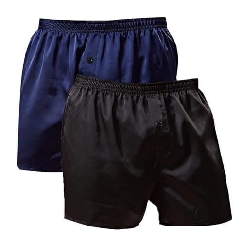 Mens Satin Boxers Shorts Silk Boxers Silk Sleep Lounge Pajamas Bottoms Shorts Satin Sleep Shorts Underwear (2 Pc/(Black+Blue), Medium)