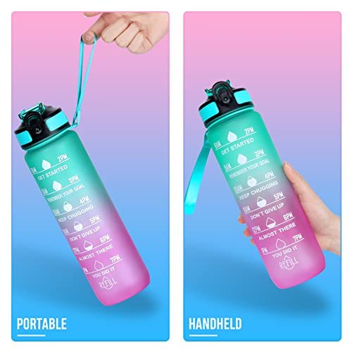 VECH Motivational Water Bottle with Time Markings 1L Leak-proof Design Fitness Drinking Bottle with Straw Portable Sports Drink Water Bottles for Travel Outdoor Sports Colorful Bottles (GreenPink)