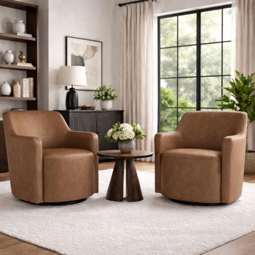 Image of HomePop 360 Barrel Back Swivel Chair - Cognac Faux Leather
