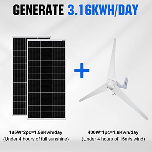 Eco-Worthy 800W Solar Wind Power Kit: 1X 400W Wind Turbine Generator With Hybrid Controller + 2X 195W Mono Solar Panel For Home/Rv/Boat/Farm/Street Light And Off-Grid Appliances #TOP2