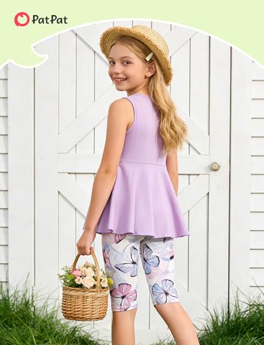 Image of PATPAT Girls Summer 2 Piece Outfits 4-12Y Butterfly Bow Sleeveless Tunic Tops and Floral Print Shorts Cute Clothes