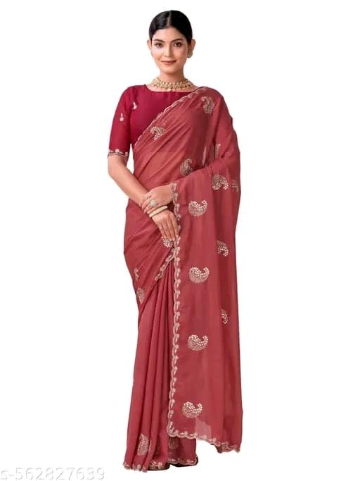 Women's Georgette Embroidery Border Work Saree with Blouse Piece,...