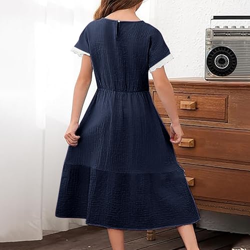 Girls Short Sleeve Dresses Cute Lace Semi Formal Dress Casual Summer Crew Neck Tiered Flowy Dress Cotton Linen Outfits2