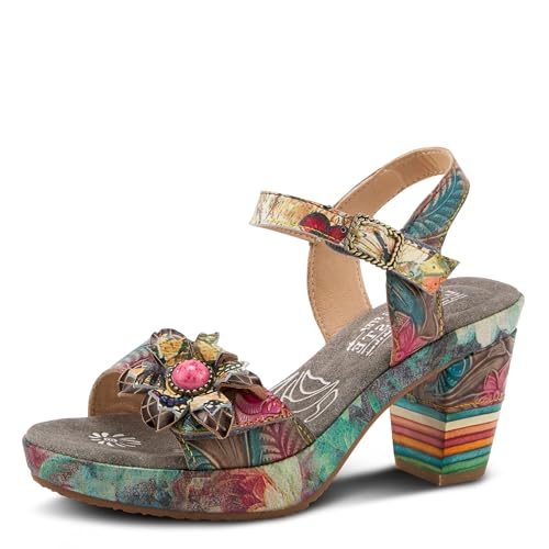 L`Artiste Leilanie Women's Hand-Painted Leather Platform Sandal with Floral Appliqué,