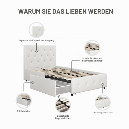 DHP Dakota Bett mit Aufbewahrungsschubladen, weißes PU, Einzelbett, 205 x 111 x 97cm (L x W x H) – Ansicht 6