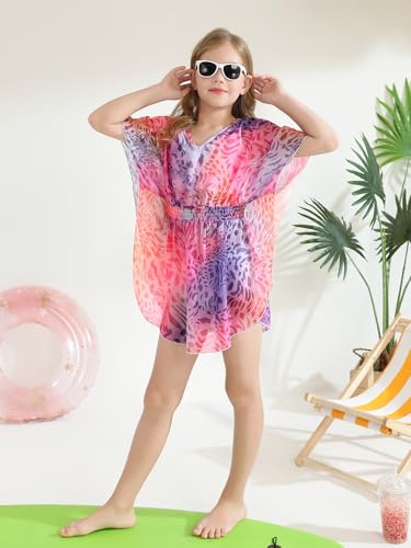 Image of Haloumoning Girls Chiffon Swim Beach Cover Up Kids Cute Elastic Waist Printed Bathing Suit Coverups 5-14 Years
